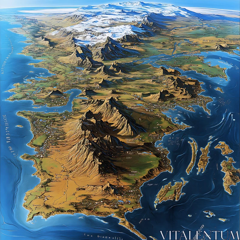 Stylized Coastal Region Map with Mountain and Island Details AI Image