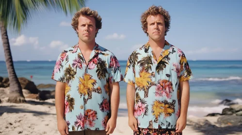 Identical Twins Enjoying a Beach Day in Tropical Attire