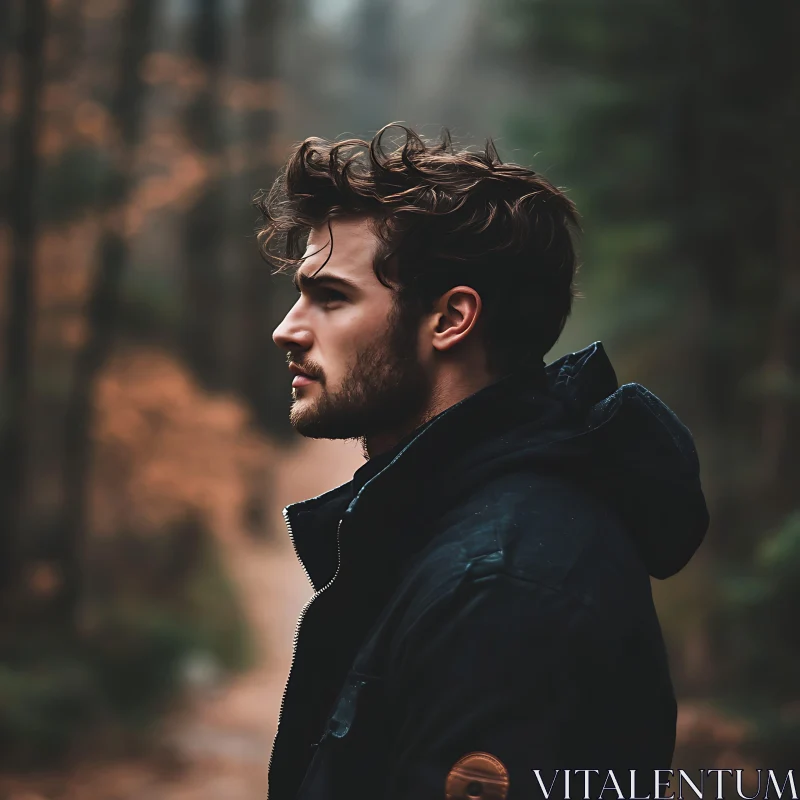 Man in Dark Jacket in Autumn Forest AI Image