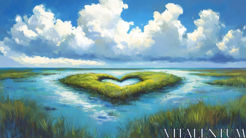 Heart-Shaped Marshland with Peaceful Waterscape AI Image