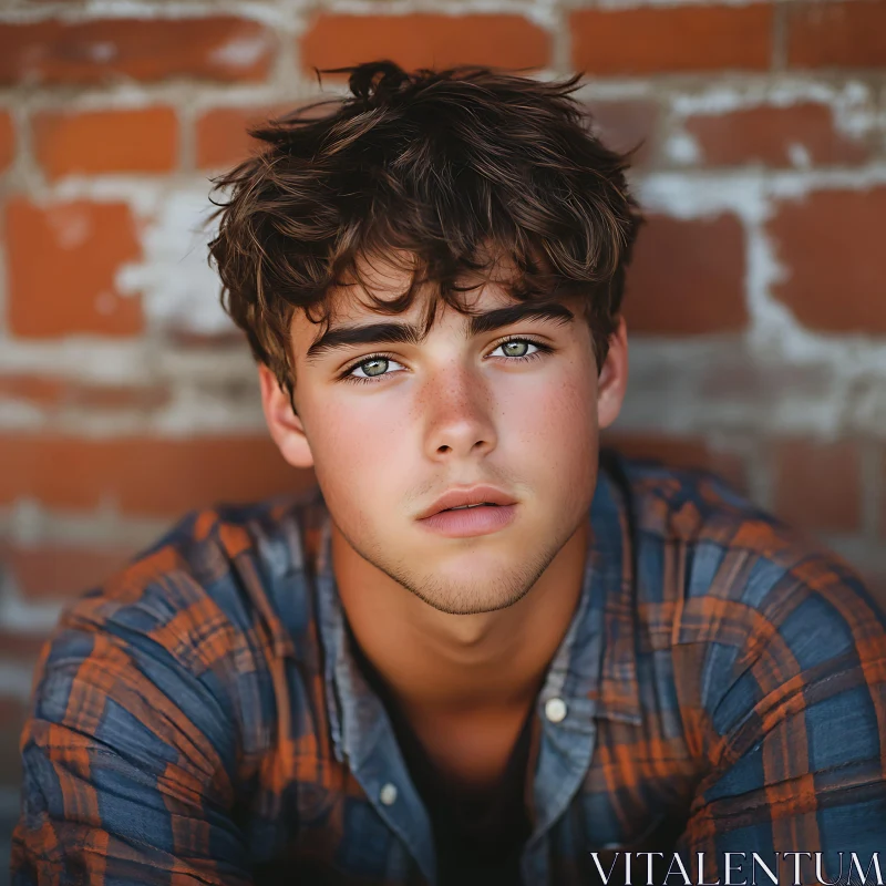 Young Man's Intense Stare with a Brick Background AI Image