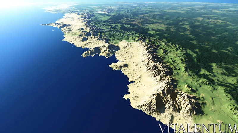 Aerial View of Coastal Terrain with Mountains and Sea AI Image