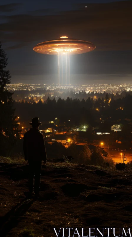 UFO Glowing Above City at Night AI Image