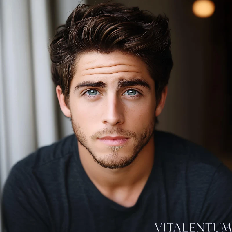 Pensive Young Man with Blue Eyes and Beard AI Image