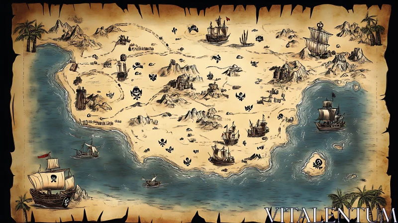 Antique Pirate Treasure Map on Parchment AI Image