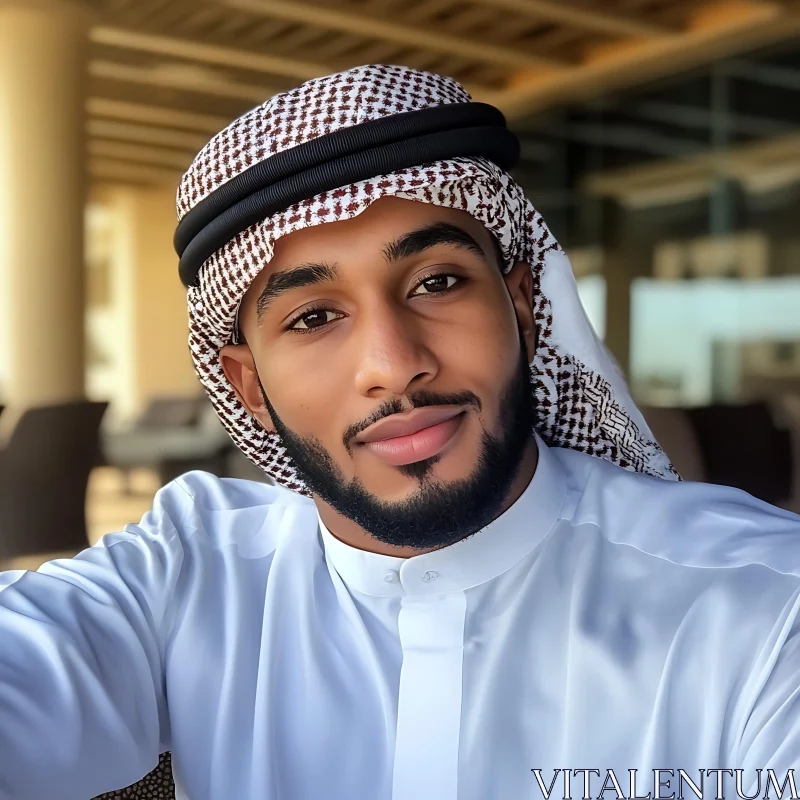 Portrait of a Smiling Man in Traditional Middle Eastern Clothing AI Image