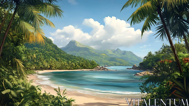 Peaceful Beach Scene with Tropical Foliage and Mountains AI Image