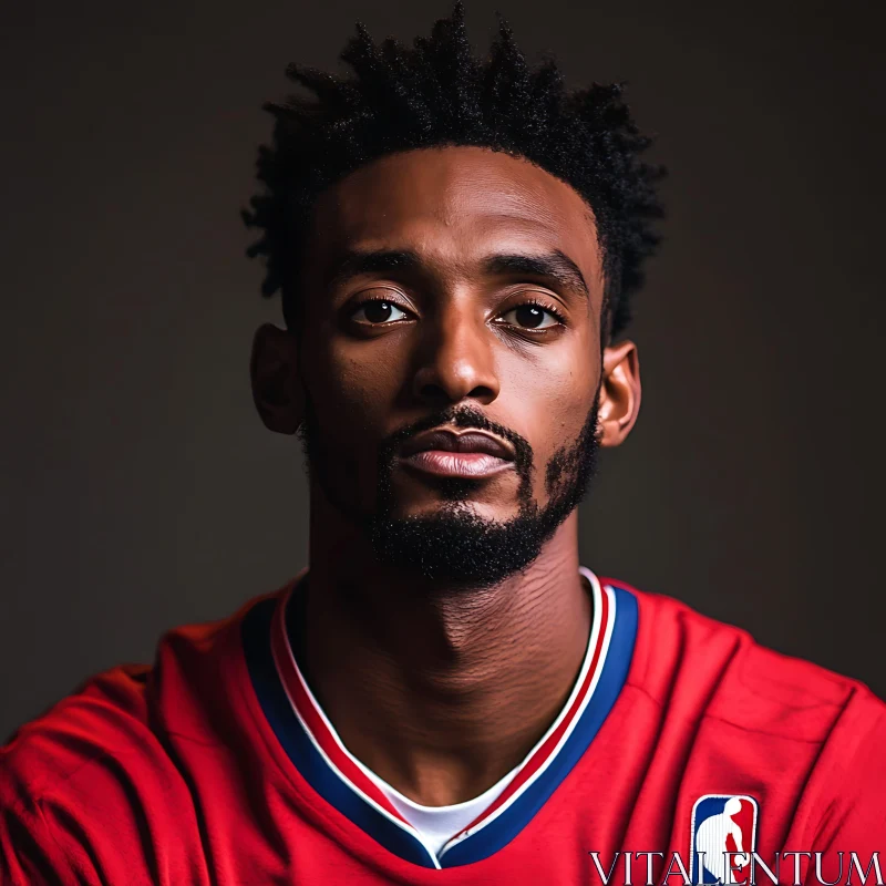 Focused Portrait of a Man in a Basketball Jersey AI Image