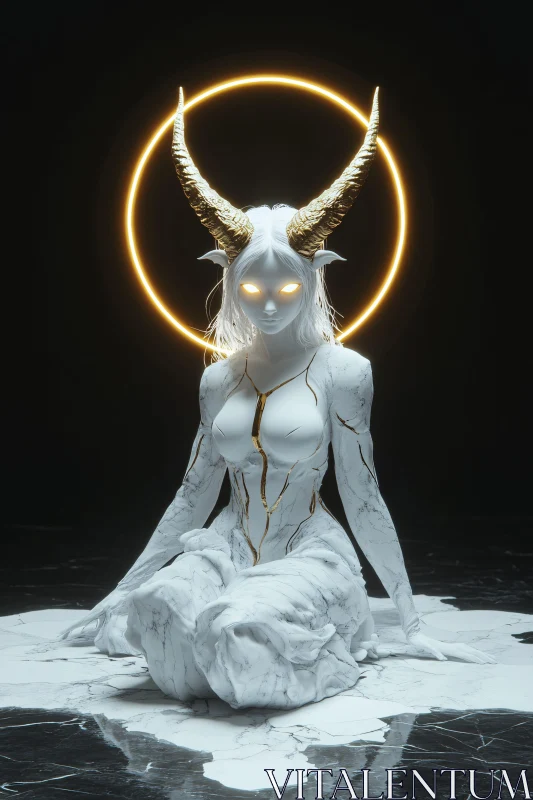 Mystical Marble Figure with Golden Horns AI Image