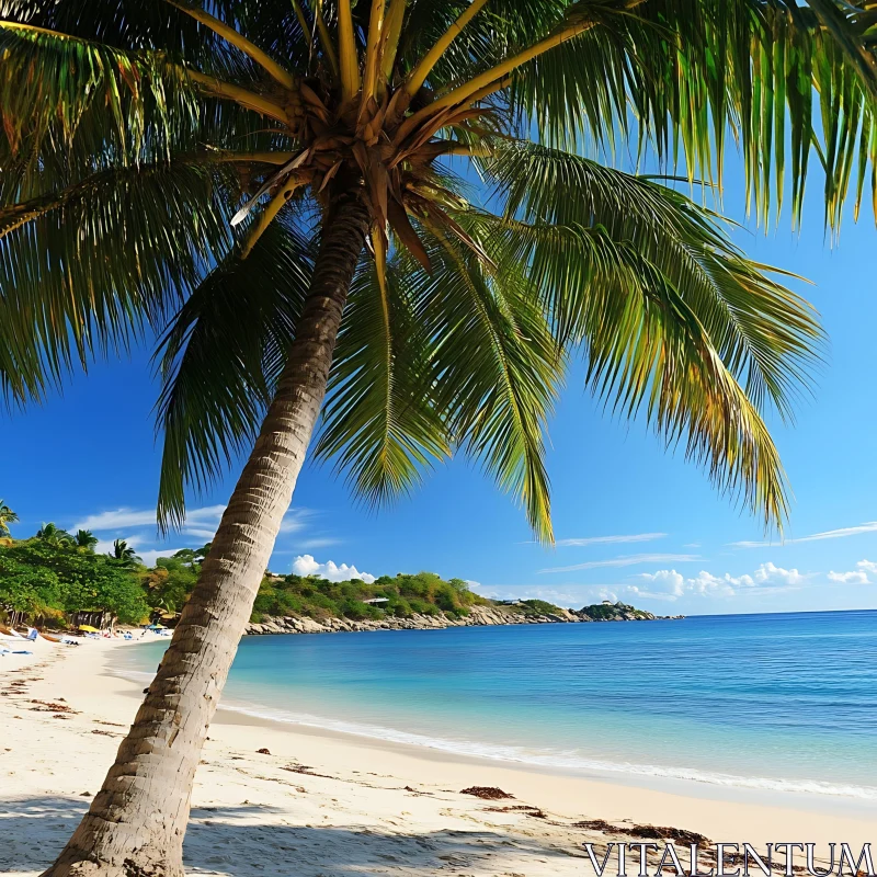 Tranquil Tropical Beach Scene with Palm Tree AI Image