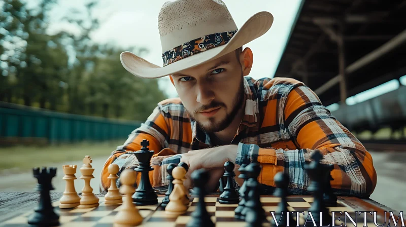 Thoughtful Cowboy in Chess Game Portrait AI Image