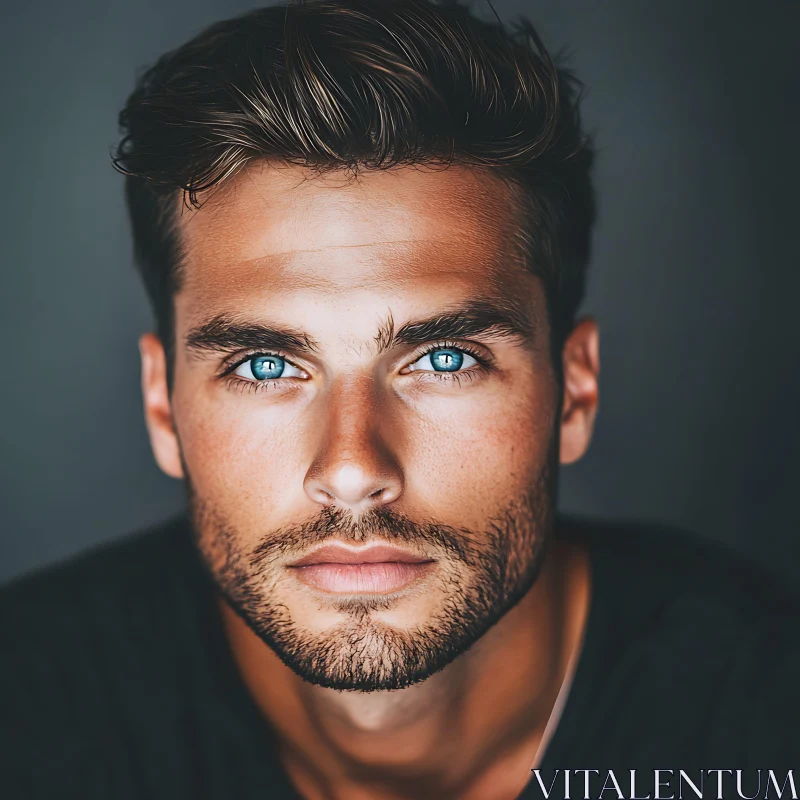 Intense Close-Up of a Man with Blue Eyes and Beard AI Image