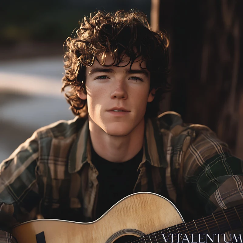 Curly-haired Man with Guitar AI Image