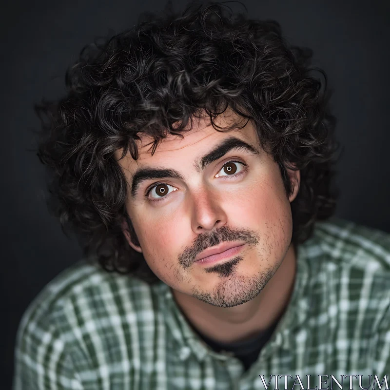 Curly-Haired Man in Plaid Shirt AI Image