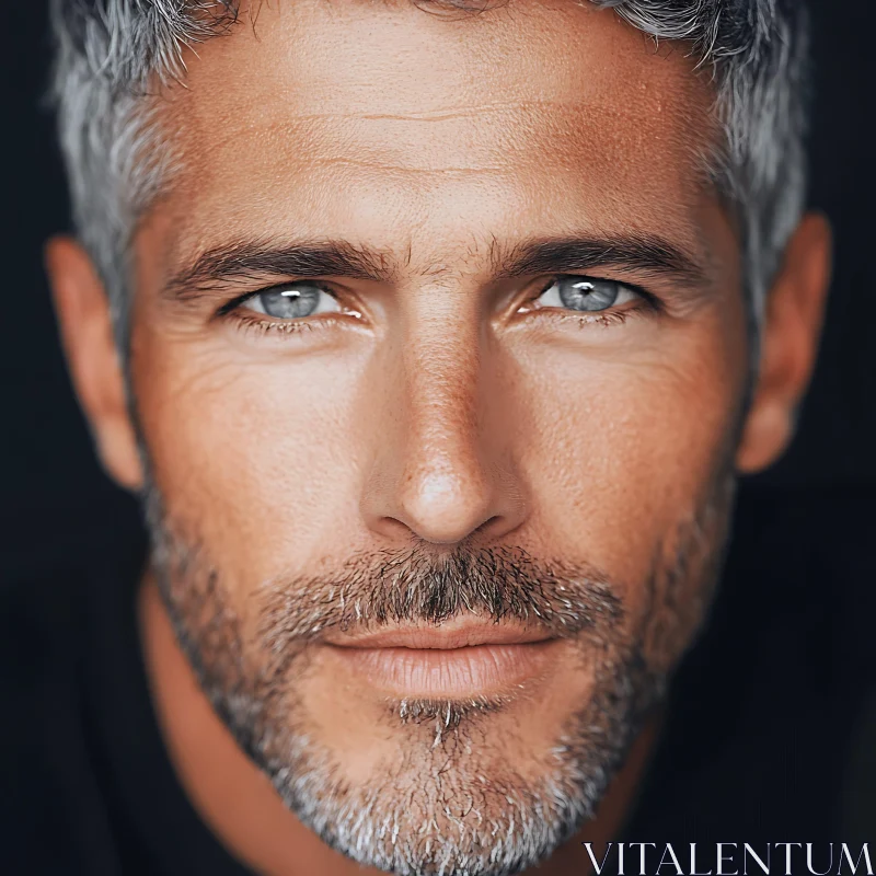 Middle-Aged Man Portrait with Striking Blue Eyes and Grey Hair AI Image