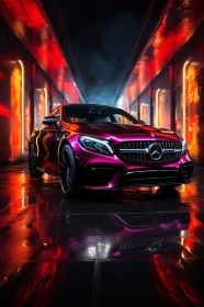 Luxury Car with Neon Reflections