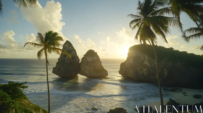 Tropical Beach Sunset with Palms and Rocky Outcrops AI Image