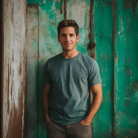 Casual Portrait of a Man Against a Teal Wooden Background