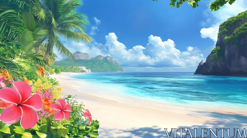 Tropical Paradise Beach with Vibrant Flora AI Image