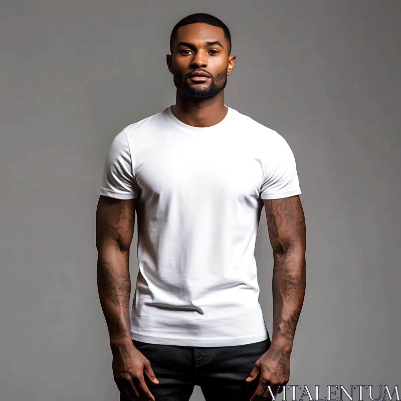 Stylish Man with Tattoos in White T-Shirt AI Image