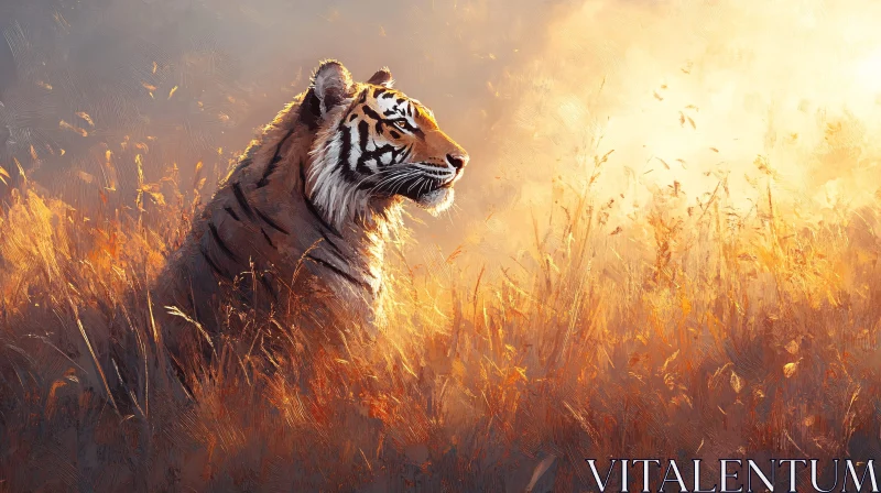 Tiger at Sunset in Tall Grass AI Image