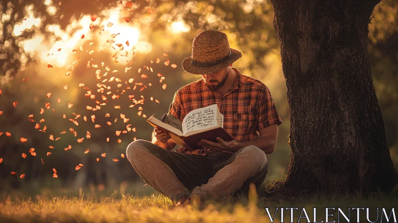 Reading Man Under Tree with Leaves in Sunlight AI Image