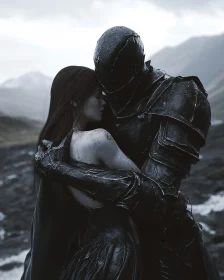 Dark Armor Knight and Woman in Mountains