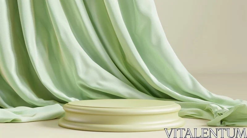 Minimalist Green Silk Drapes on Circular Platform AI Image