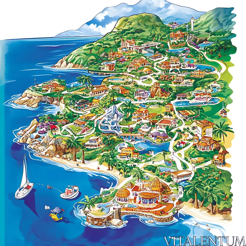 Vibrant Island Landscape with Coastal Village AI Image