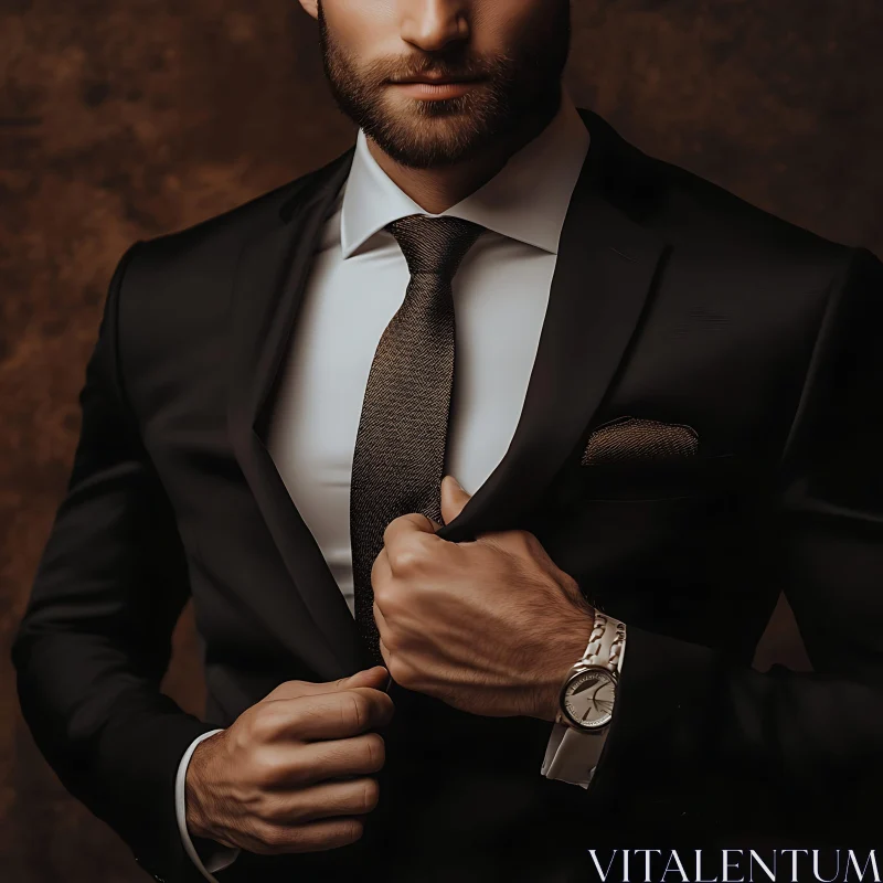 Sophisticated Man Wearing a Black Suit and Elegant Watch AI Image