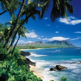 Scenic Tropical Coastline with Palm Trees and Mountains