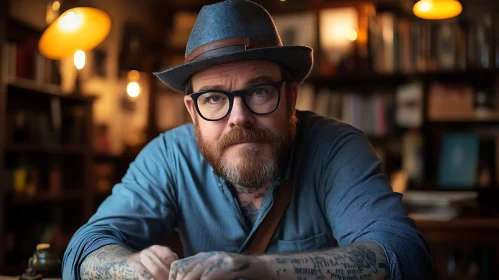 Man with Tattoos and Glasses in a Warmly Lit Room