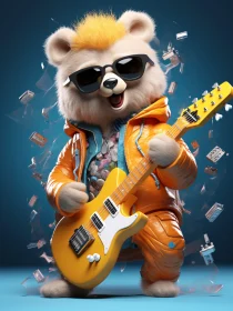 Musical Bear in Orange Jacket with Electric Guitar