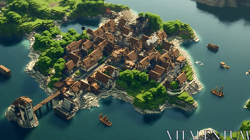 Aerial View of Medieval Block Village on Island AI Image