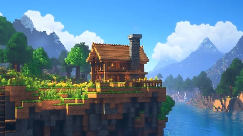 Minecraft Cliffside Wooden House with Scenic Landscape