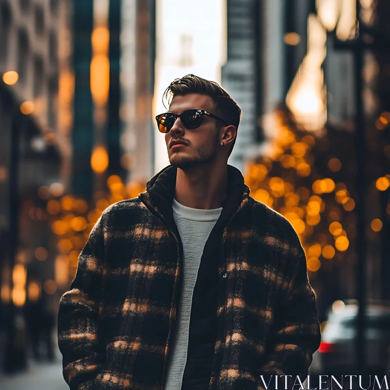 Confident Man in Sunglasses with Urban Backdrop AI Image