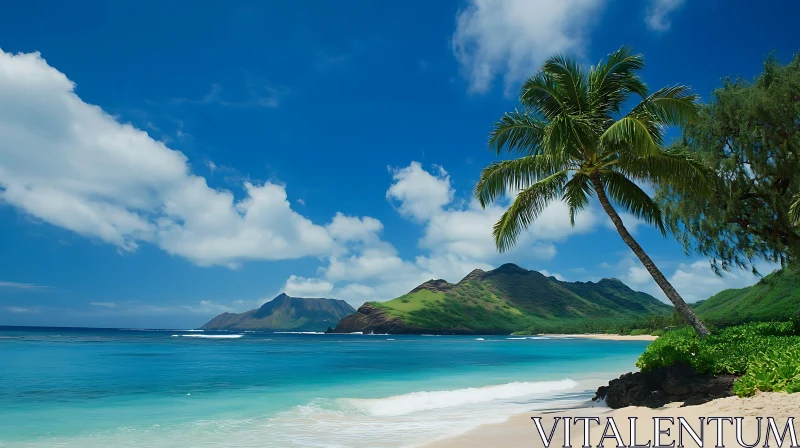 Scenic Coastal Island with Palm Tree and Lush Mountains AI Image