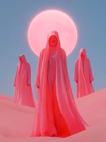 Mystical Pink Robed Figures in a Desert