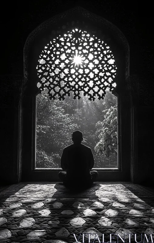 Serene Meditation by Patterned Window AI Image