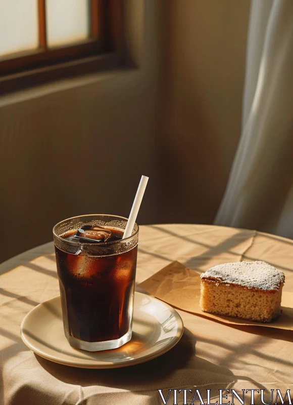 Sunny Table with Iced Coffee and Cake AI Image