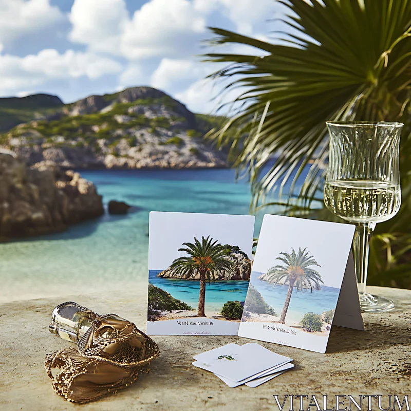 AI ART Tropical Seaside with Postcards and Wine Glass