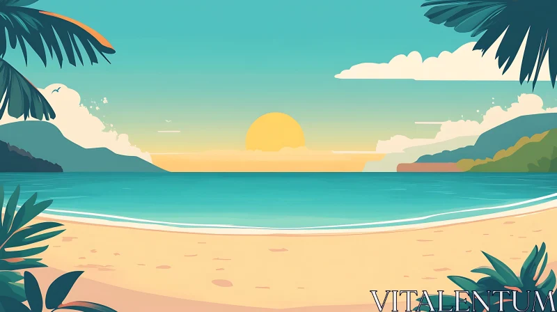 Tranquil Tropical Sunset Beach Scene AI Image