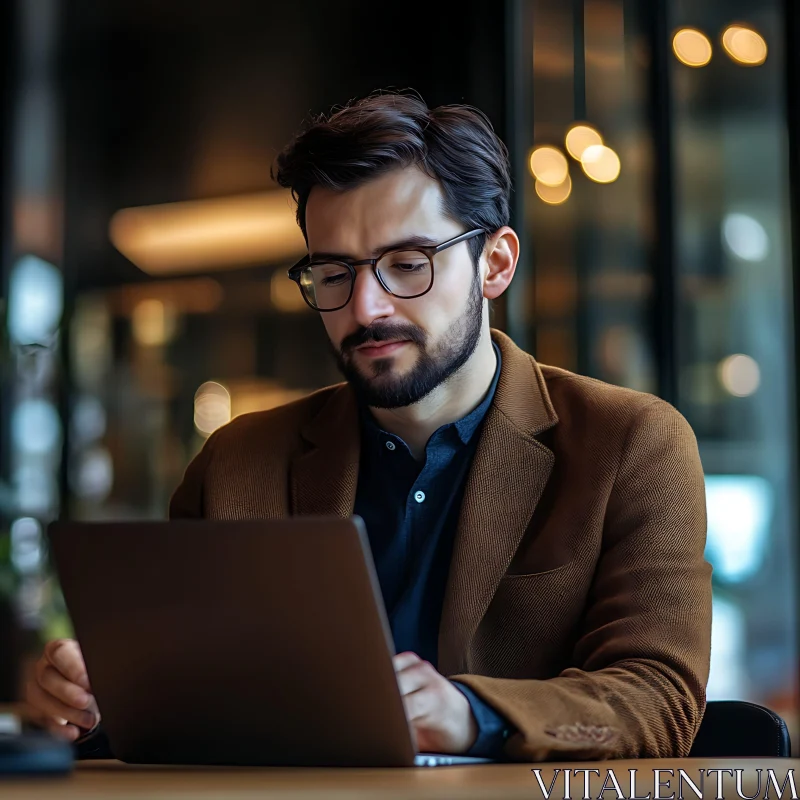 Concentrated Man with Glasses Working on Laptop AI Image