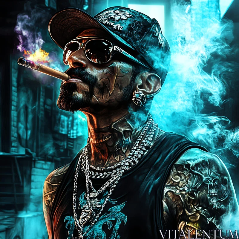 Edgy Tattooed Man with Sunglasses Smoking a Cigar AI Image