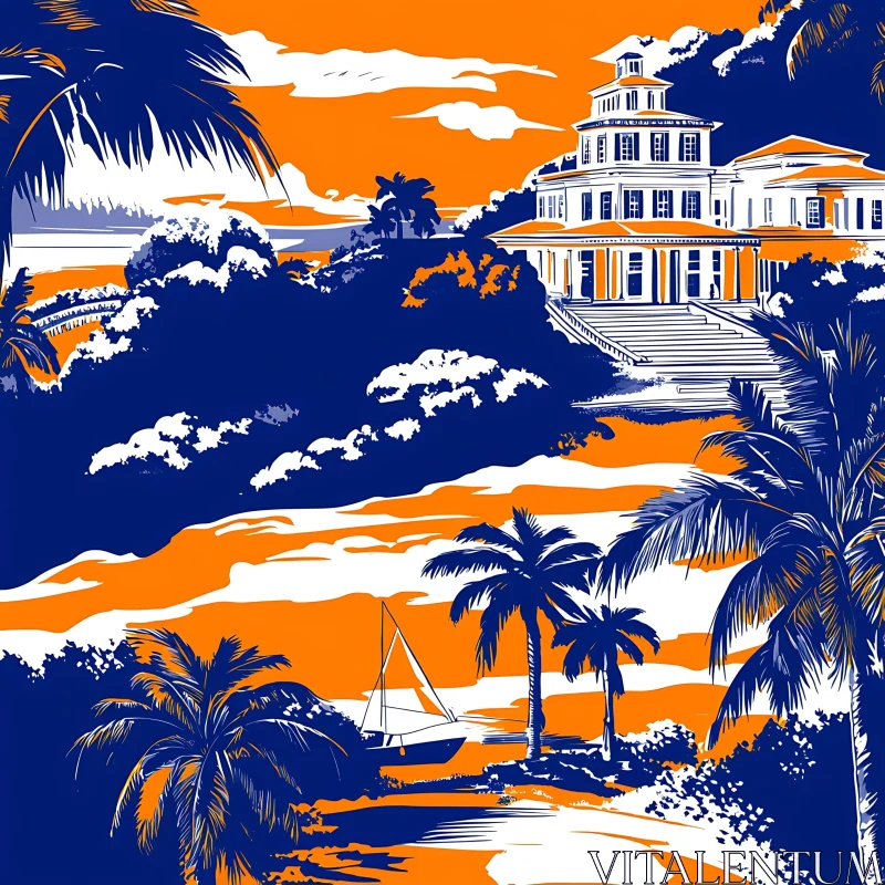 Screen-Printed Tropical Scene with Palm Trees and a Building AI Image