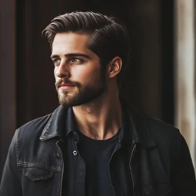 Contemplative Man in Black Leather Jacket