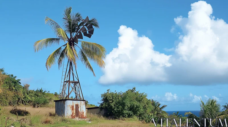 Serene Rural Windmill Scene with Blue Sky and Green Landscape AI Image