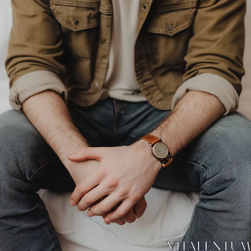 Man Clasping Hands Wearing Watch AI Image