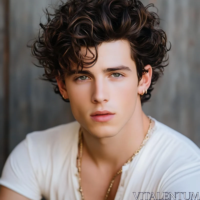 Young Man with Curly Hair and Earrings AI Image