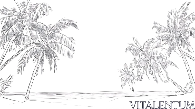 Serene Palm Trees Beach Scene in Sketch AI Image